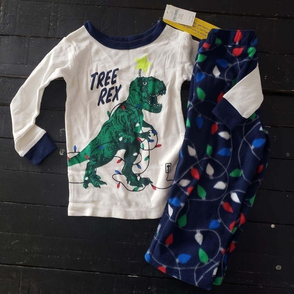 Gap NWT Toddler Boy 2T Tree Rex Dinosaur T-Rex Christmas Lights Pajamas PJ Set